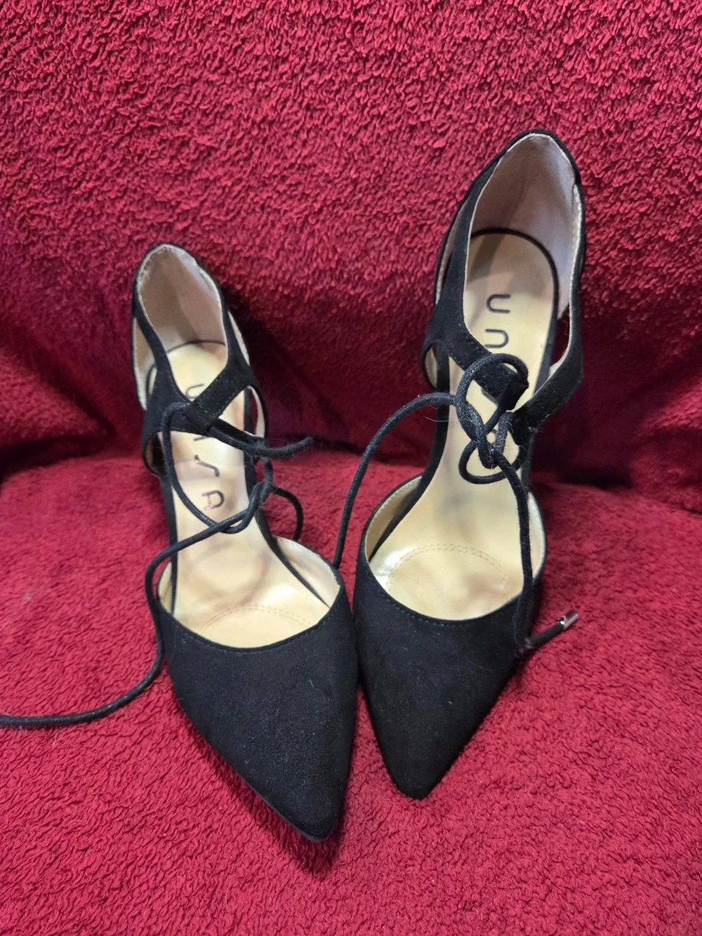 Unisa Black Suede Slingback Pointed Toe Lace-Up Heels